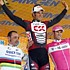Das Siegerpodest whrend der 6. Etappe der Tour of California 2007: Bettini, Haedo, Henderson